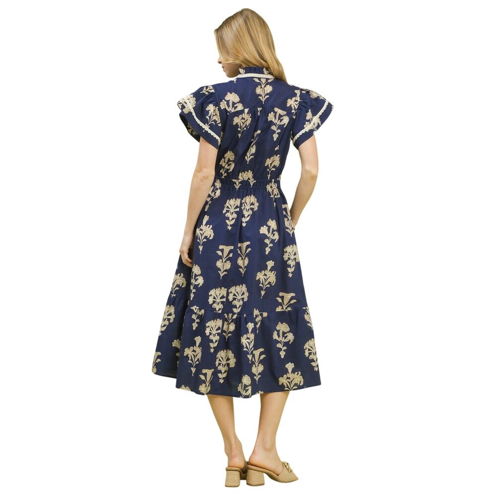 NWT Umgee Navy Floral Print Cotton Midi Dress Flutter Sleeve M - Picture 2 of 7
